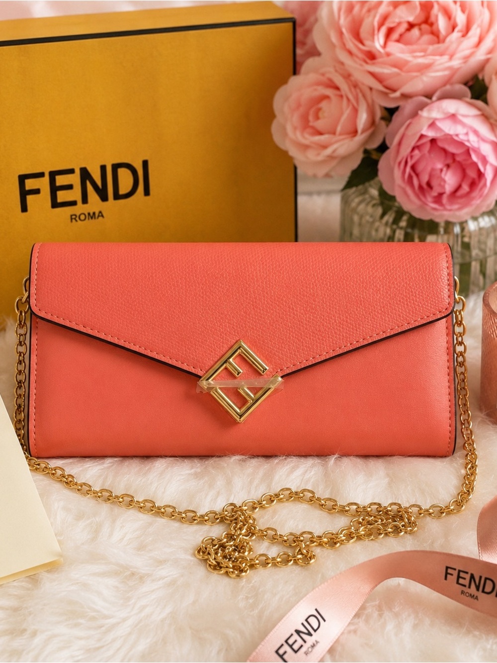 Fendi Chain Continental Wallet Rosa Pesca Pink Leather WOC New